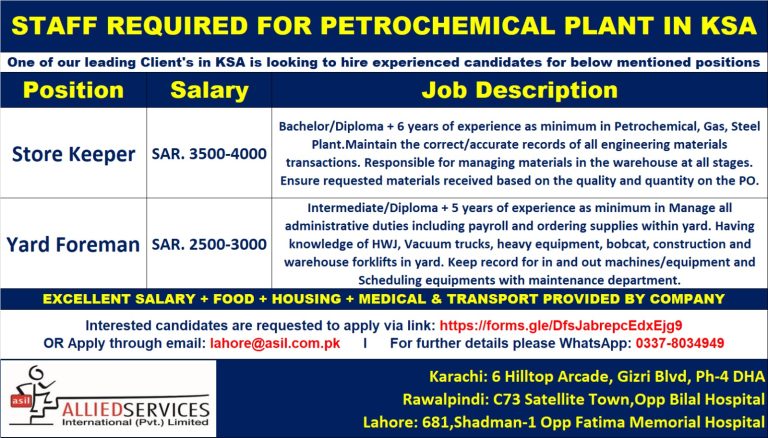 JOB OPPORTUNITIES IN PETROCHEMICAL PLANT – KINGDOM OF SAUDI ARABIA (KSA)